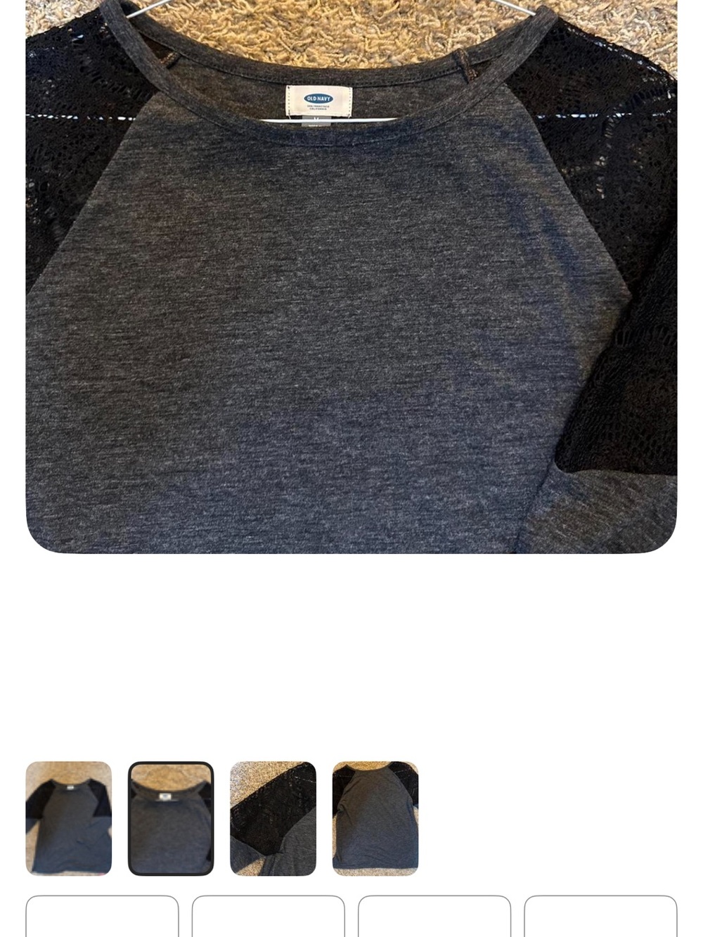 Old Navy Dark Gray Top with Black Lace Raglan Sleeves - Picture 2 of 4